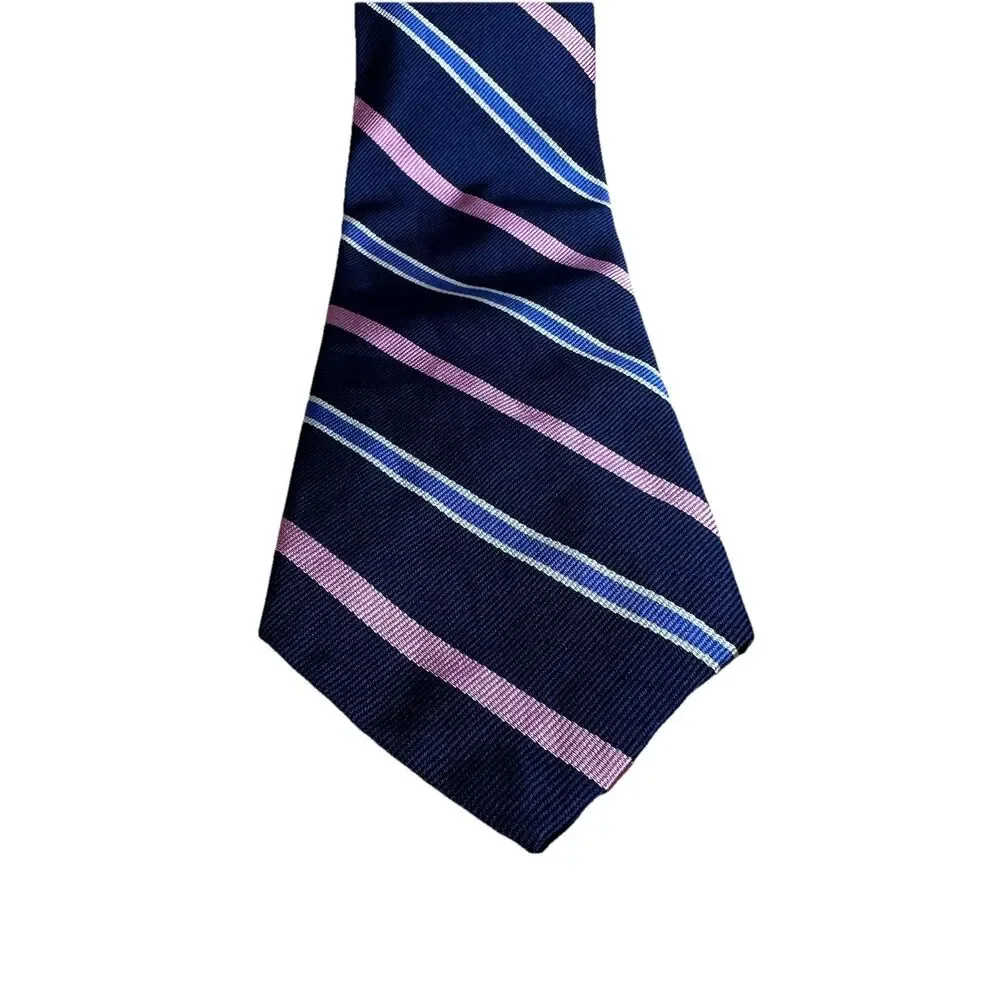 Polo Ralph Lauren Men 100% Silk Neck Tie Pink Blue Stripe Handmade in Italy Luxe
